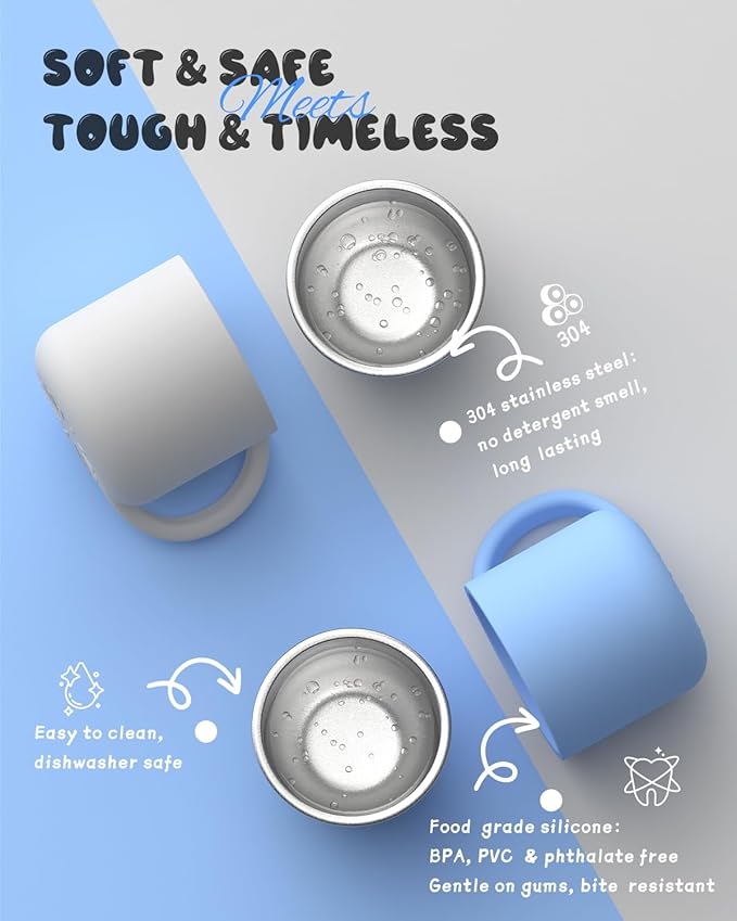 2-IN-1 Open Toddler Cups, Stainless Steel Baby Cup + Silicone Training Cup for Toddlers Kids Babys, No Plastic | No Soap Smell | Shock-Proof Feeding Essentials, 2-Pack Blue/Gray