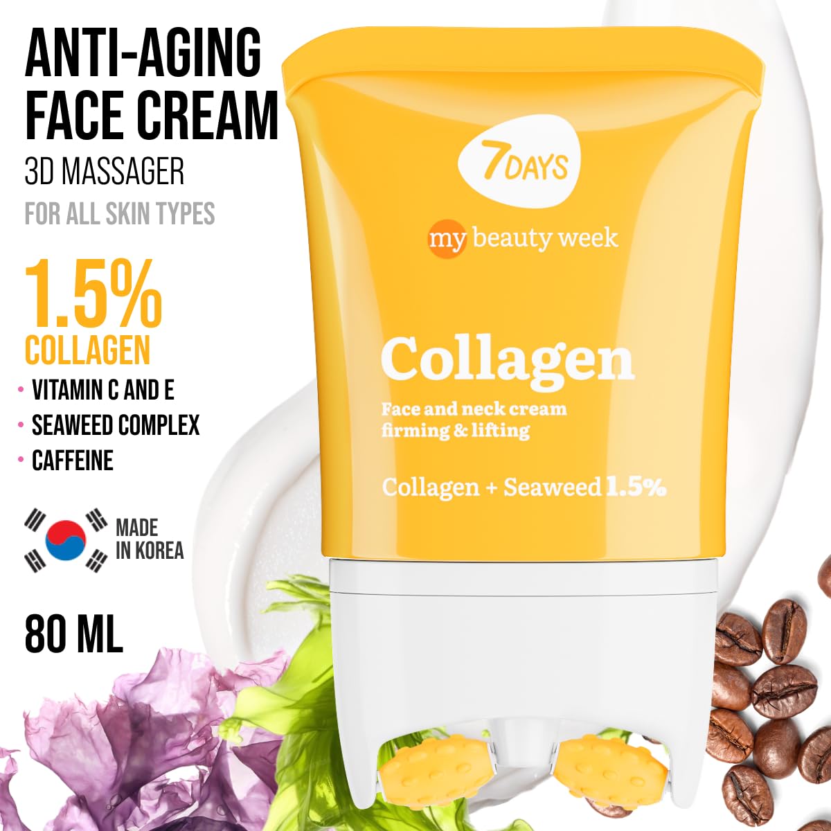 7DAYS Face Moisturizer with Collagen – Korean Skin Care Daily Face Cream for Women – Anti Aging, Anti-Wrinkle, Firming – with Face Roller & Neck Massager – 2.7 fl oz