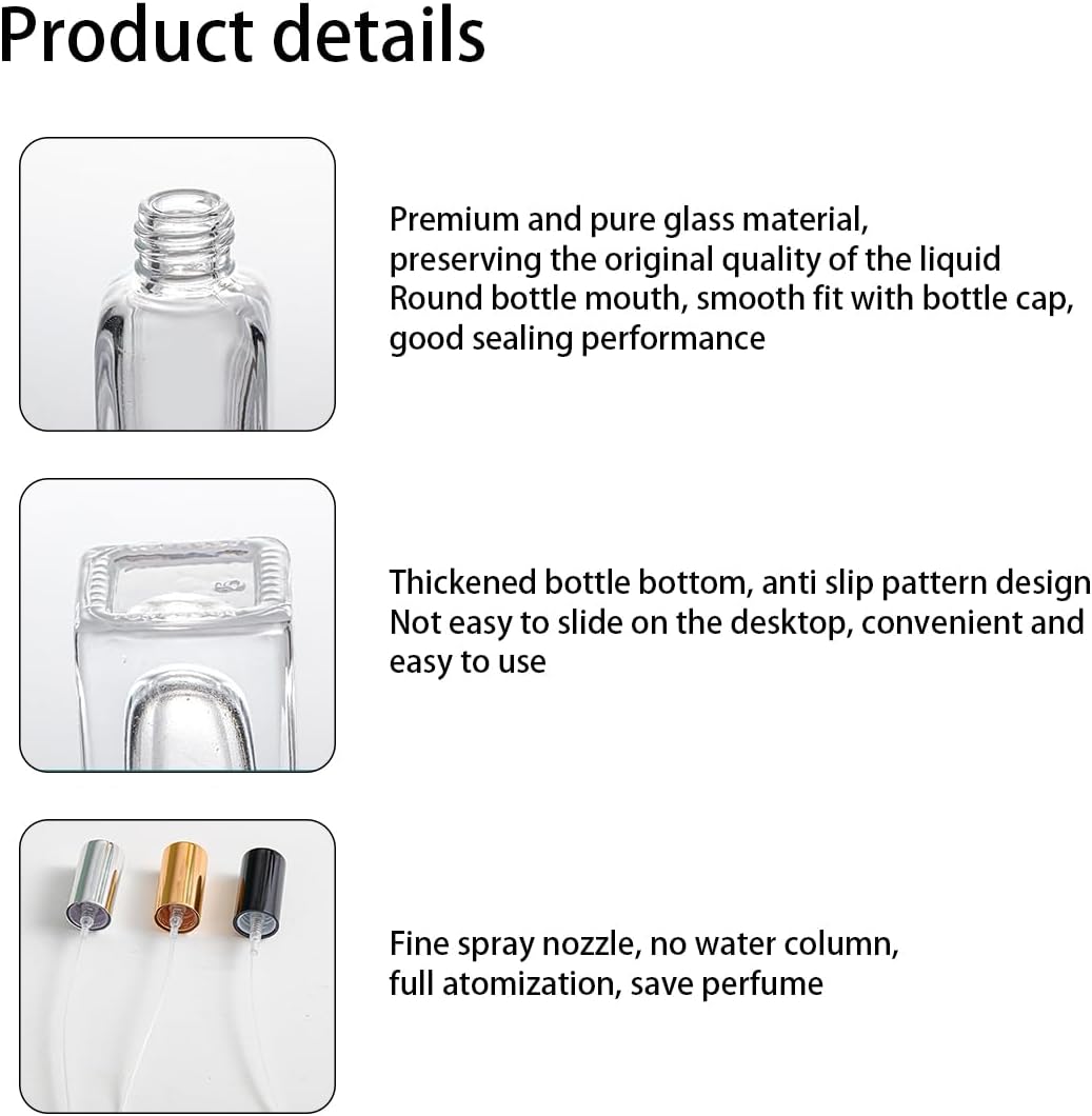 4 Pcs 10ML Transparent Glass Travel Refillable Mini Perfume Bottles Fine Mist Perfume Atomizer, Small Empty Sample Containers,For Perfume, Toner, Lotion(Gold/Sliver/Black Lid)