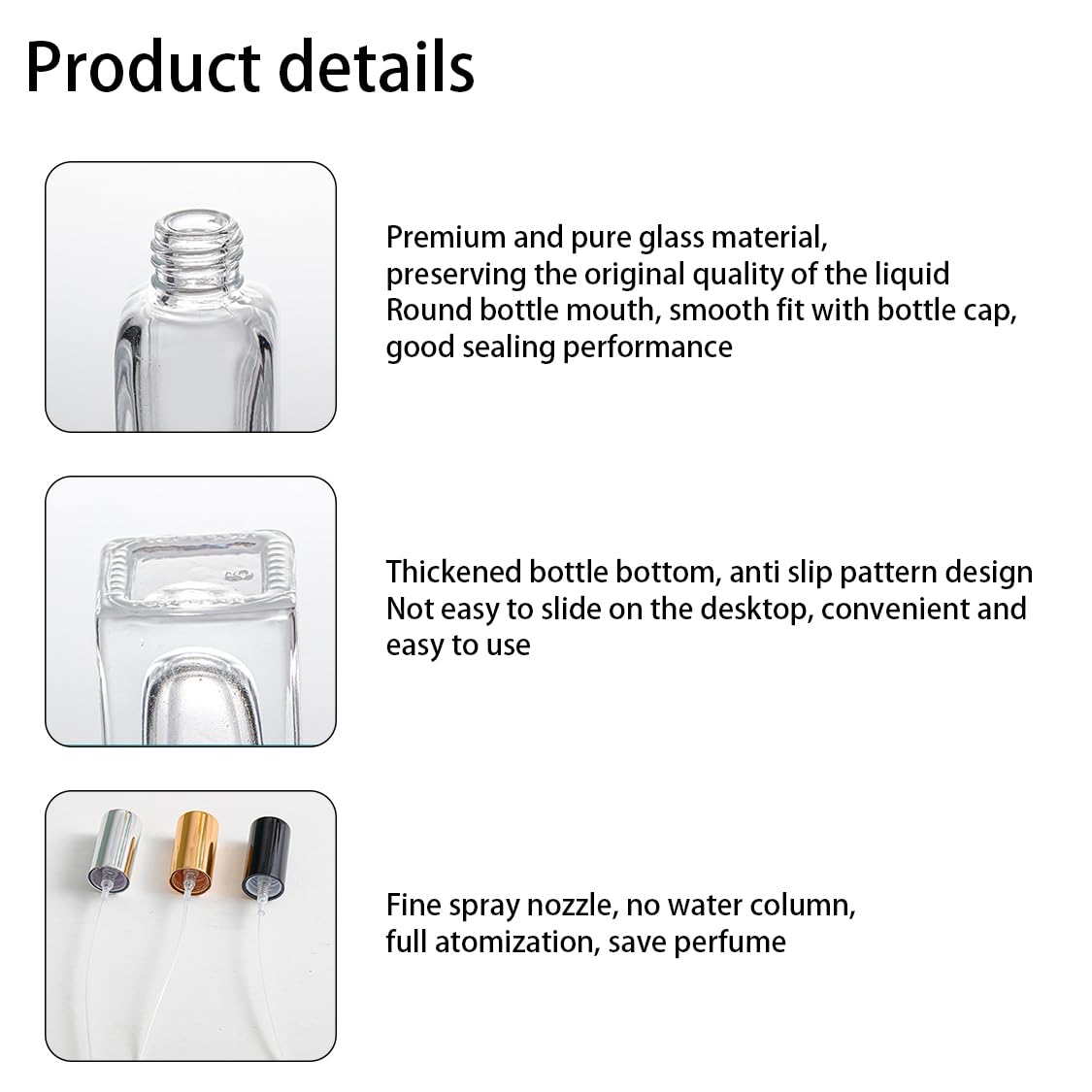 4 Pcs 10ML Transparent Glass Travel Refillable Mini Perfume Bottles Fine Mist Perfume Atomizer, Small Empty Sample Containers,For Perfume, Toner, Lotion(Gold/Sliver/Black Lid)