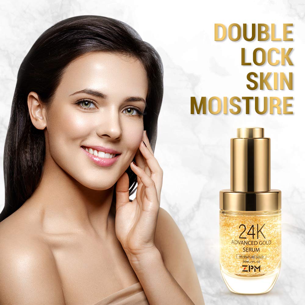 24K Gold Anti Aging Face Serum Moisturizer Enriched with Vitamin C Serum, Hyaluronic Acid, Vitamin E Cream for Day and Night Wrinkle Reduction, Re-Activate Skin Youth (1FL.OZ)