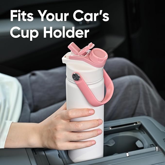 24 oz Insulated Water Bottle, 2-in-1 Lid, Straw & Spout with Protected, Leak Proof, Keep Cold, Stainless Steel, Metal, Reusable, Handle, for Travel, Gym and School, 2 Lids, Pale Pink