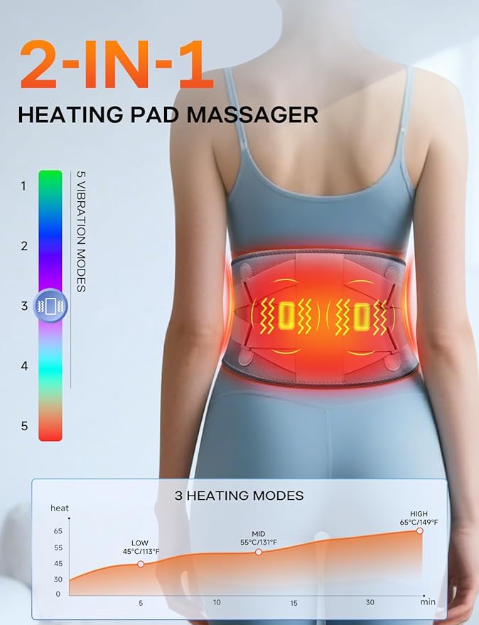 ALLJOY 67" Cordless Heating Pad for Back Pain Relief FSA Eligible HSA, Birthday Gifts for Women Men Mom Dad, Portable Lower Back Massager with 3 Heat 5 Vibration, Wireless Heating Pad for Cramps