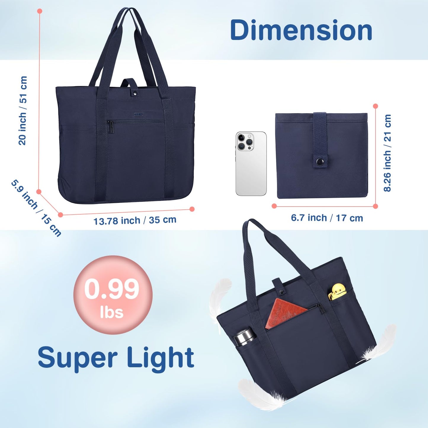 Voova Tote Bag for Women, Large Capacity Tote Bag with Zipper, Foldable Shoulder Bag Handbag for Work,Travel,Shopping,Beach, Navy Blue