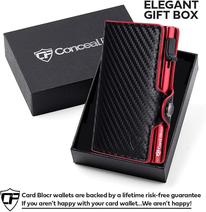 Card Blocr Pop Up Credit Card Wallet, RFID Blocking Credit Card Holder for men, Cool Wallets for Men in Carbon Wallet Design, Compact Card Holder Wallet for Secure Storage (Red PU Carbon Fiber)