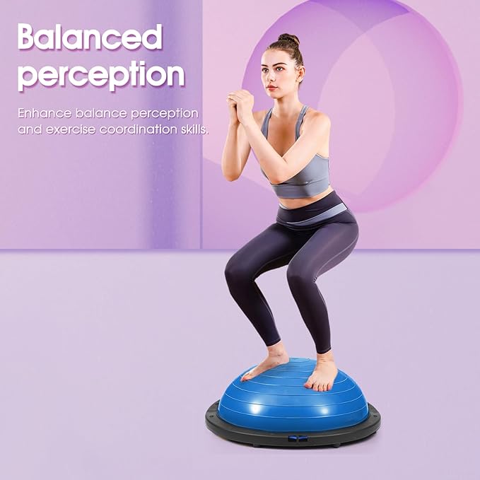 Balance Ball Trainer, 26 inch Half Exercise Ball with Resistance Bands, Home Gym Full Body Workout Equipment, Blue