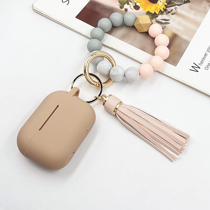 Compatible with Airpods Pro Soft Silicone Case Cover with Bracelet Keychain for Apple Airpod Pro 1st Generation Case for Women (Milk Tea)