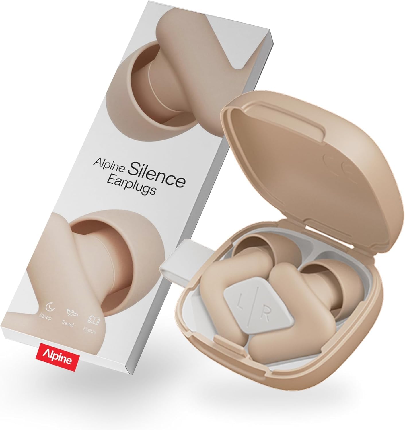 Alpine Silence Earplugs for Sleep, Focus & Travel - V-Shape Snug Fit & Soft Oval Tips – 4 Sizes XS/S/M/L - Comfortable, Reusable Hearing Protection - SNR 22dB & NRR 16 Noise Reduction – Beige