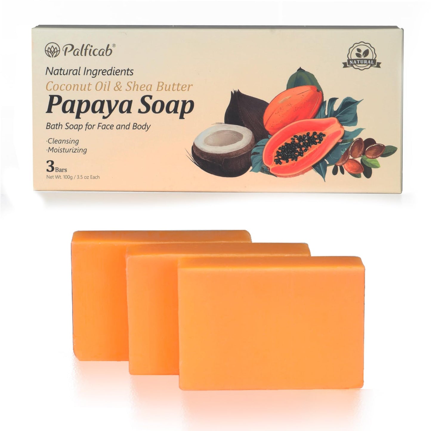 PALFICAB Papaya Soap Face & Body Wash, Natural Gentle Exfoliation Soap for All Types – Reduce Acne, Cleanse Scars & blackhead – with Papaya, Coconut Oil & Shea Butter, Purple Foaming Net, 3 Bars
