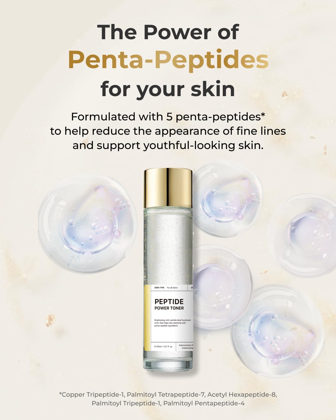 BOM Cosmetics Peptide Power Toner 5.07 Fl Oz, Hydrating Serum-Like Toner with Penta-Peptides and 99% Pure Gold for Skin Collagen Boost, Smoothness, and Long-Lasting Moisture, Korean Skincare