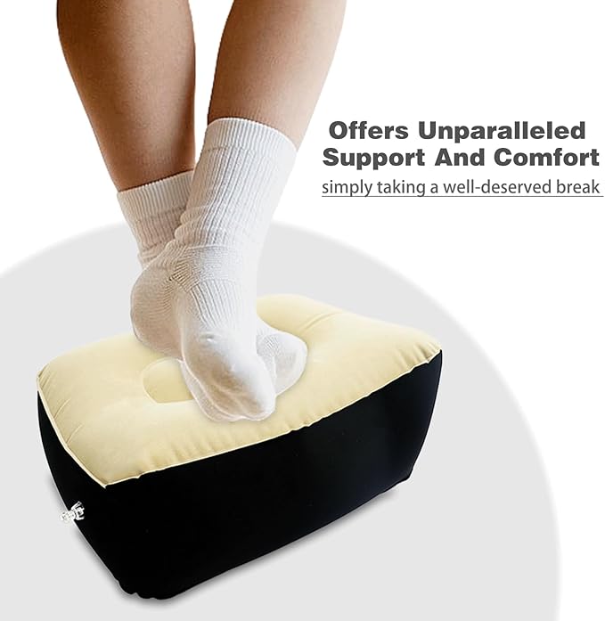 Inflatable Foot Rest, Carseat Inflatable Foot Rest Pillow, Airplanes Inflatable Foot Rest Cars, Travel Footrest Pillow for Home Office,Trains (Light tan with Black, 14.5" L×11.8" W×7.9”H)