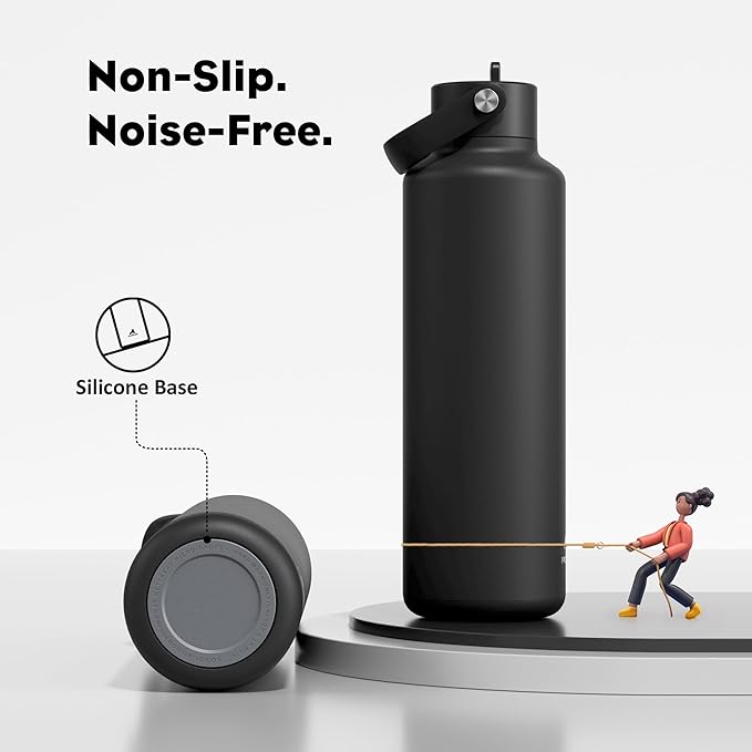 24 oz Slim Insulated Water Bottle for Outdoors: Leakproof, Flex Cap, Lightweight, Cold for 24 Hrs, Double Walled Stainless Steel Thermos with Straw for Travel, Hiking, Biking, Sport (Midnight Black)