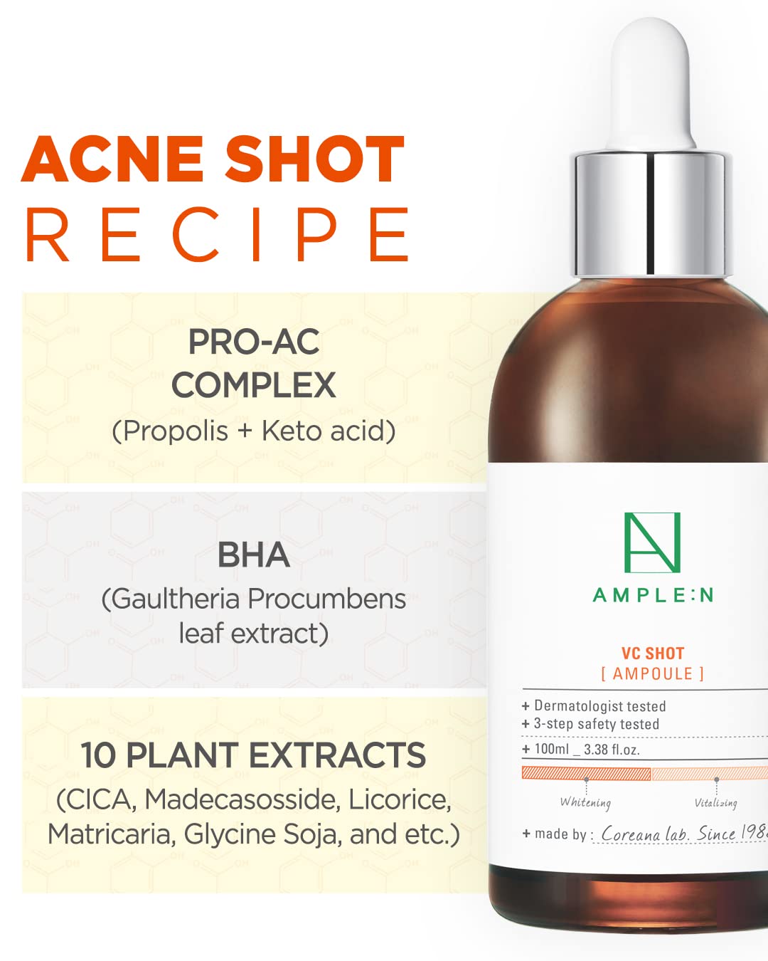 AMPLE:N VC Shot Serum - Korean Anti-Aging Face Serum with Vitamin C – Evens Pigmentation and Aging Spots - Vitamin C to Clear Skin of Sun Damage and Reduce Wrinkles, 3.38 fl.oz.