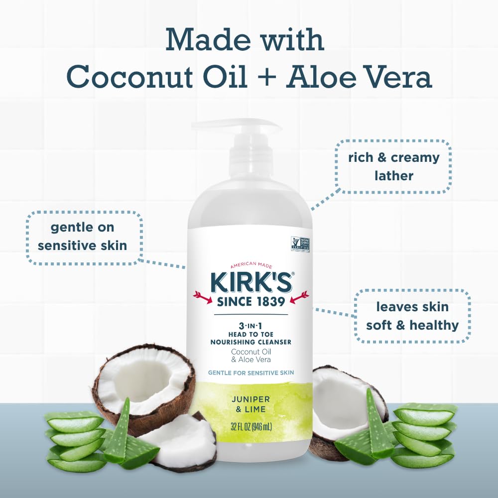 Kirk's 3-in-1 Castile Liquid Soap Travel Size Bar Soap (1.13 oz.) | Head-to-Toe Clean Shampoo, Face Soap & Body Wash for Men, Women & Children | Juniper & Lime Scent | 32 Fl Oz.