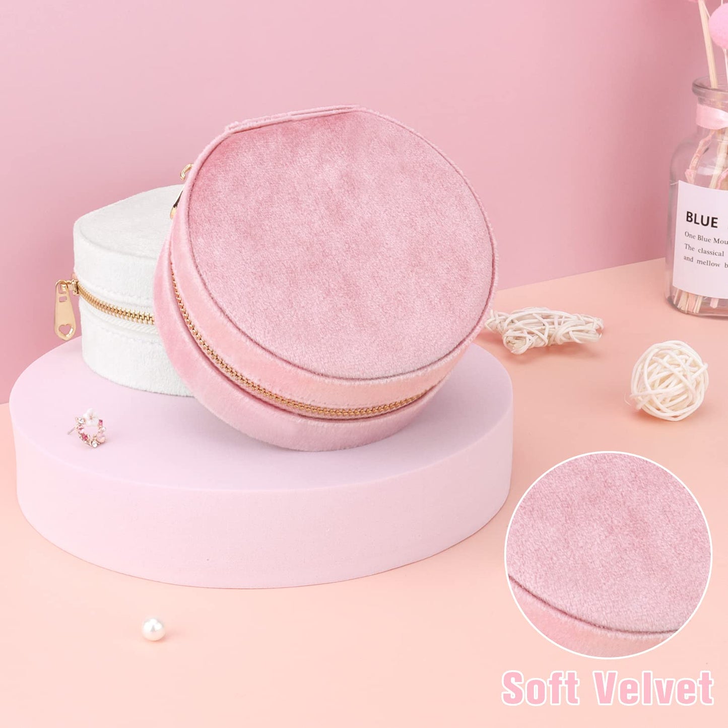 DesignSter Travel Jewelry Box - Velvet Mini Jewelry Organizer, Small Jewelry Case for Girls Women, Jewelry Storage Box for Rings Earrings Necklace (Circular, Lotus Pink)