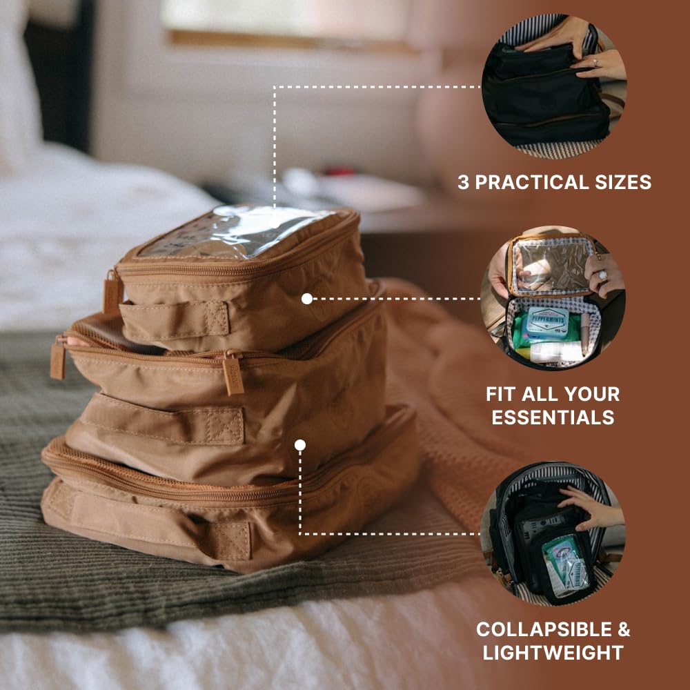Parker Baby Co. Lightweight Packing Cube Set 3-Pack | Collapsible, Durable, Mesh & Clear Top | Travel Organizer for Diaper Bags, Luggage - Black/Mocha Checker