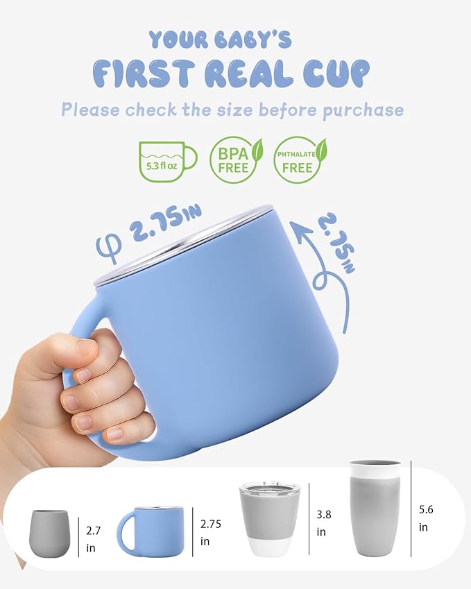 2-IN-1 Open Toddler Cups, Stainless Steel Baby Cup + Silicone Training Cup for Toddlers Kids Babys, No Plastic | No Soap Smell | Shock-Proof Feeding Essentials, 2-Pack Blue/Gray