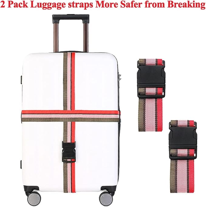 2 Pack Luggage Straps, Bright Colors Adjustable Suitcase Belts with Quick Release Buckle (GreyPink)