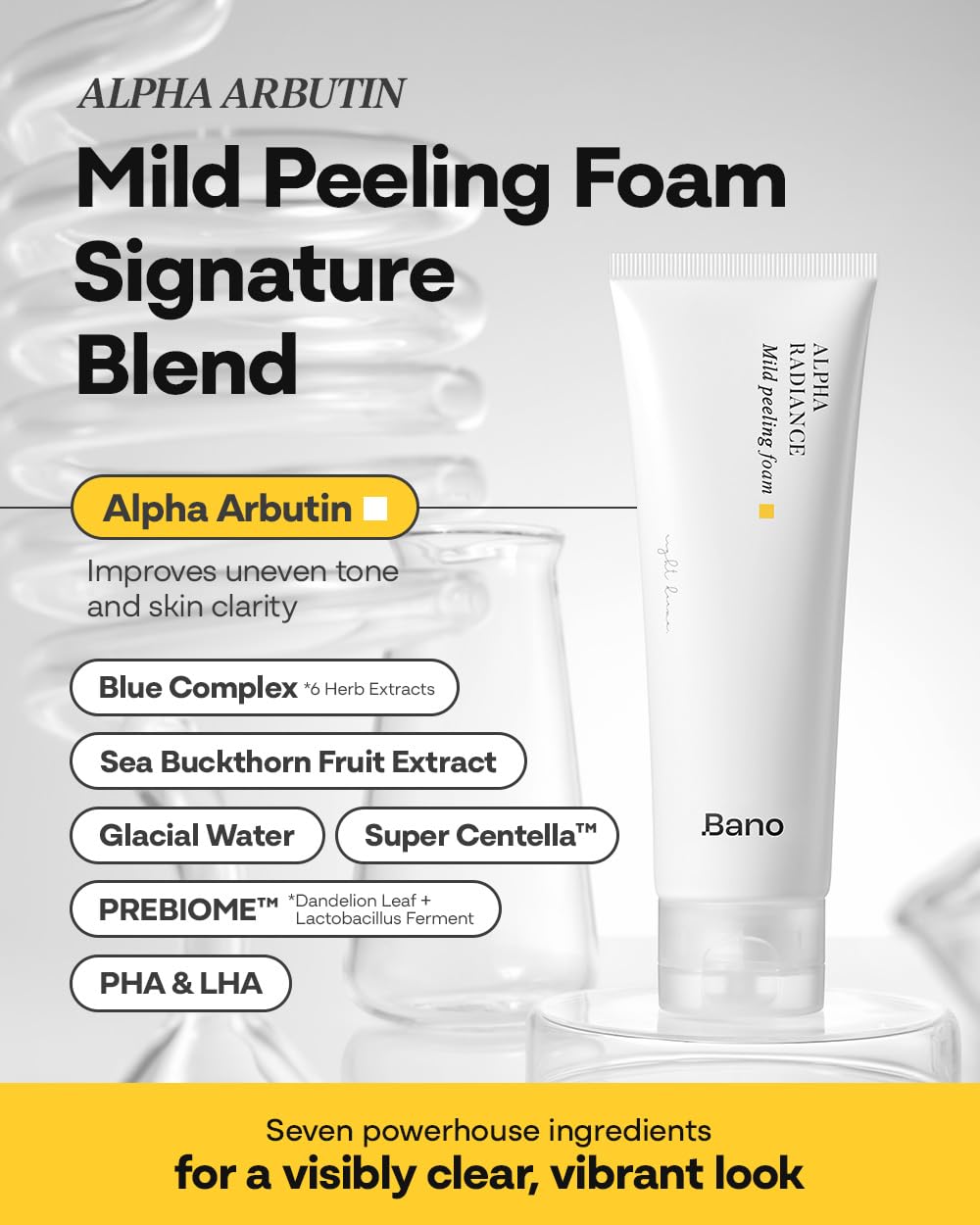 Bano Alpha Arbutin Mild Peeling Foam – PHA LHA Salicylic Acid Exfoliating Cleanser | Glow & Uneven Tone | Korean Skincare for Sensitive Skin | Fragrance-Free | 4.05 fl oz