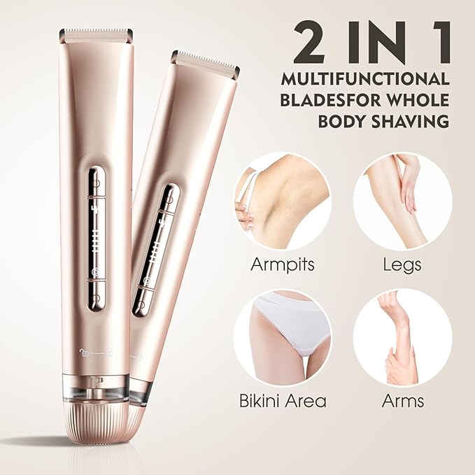 2-in-1 Electric Shaver & Bikini Trimmer for Women - Painless Electric Razor for Face,Body & Intimate Areas,Cordless Wet/Dry Shaver with Dual Blades,Waterproof for Shower&Travel(Gold)