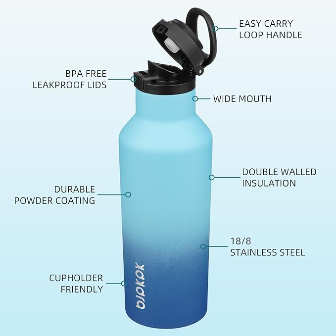 BJPKPK Insulated Water Bottle With Straw 17oz Stainless Steel Water Bottles With 2 Lids And Carry Handle Reusable Travel Metal Thermo,Sky