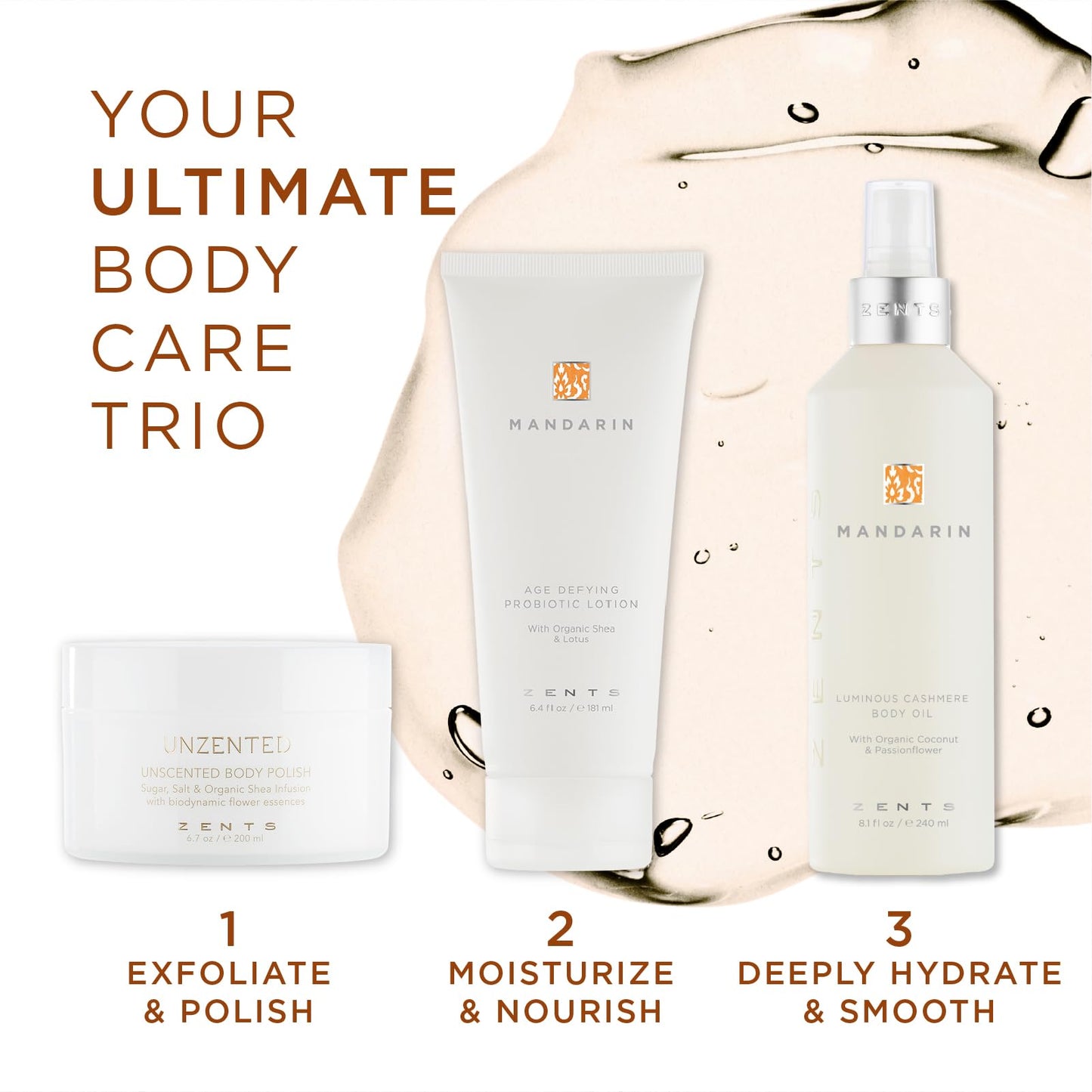 Zents Luminous Cashmere Body Oil (Travel Size - Mandarin Fragrance) | Moisturizing Body Oil with Vitamin E & Organic Coconut Oil | Softens & Smooths Skin | 1 fl oz | TSA Approved