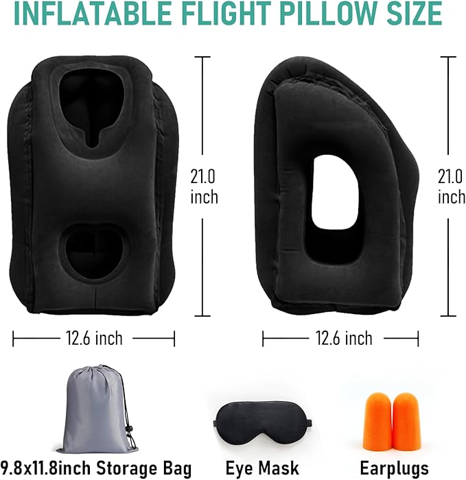 Inflatable Travel Pillow for Airplanes, Airplane Pillow for Supports Neck, Used for Planes, Trains, Cars, Includes Storage Bag, Eye Mask & Earplugs (Black)