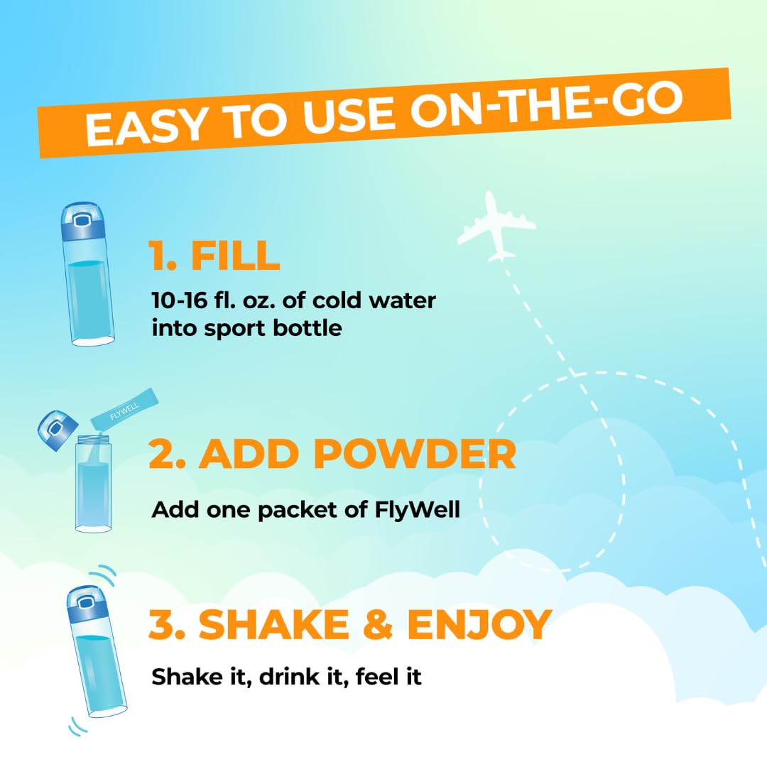 FlyWell Travel Vitamin Tonic for Flight, Jet Lag, Hydration, Circulation, Digestion & Immune Support, Promotes Calmness, Electrolyte Powder, Travel Essentials, Passion Fruit Tangerine, 15 Sticks