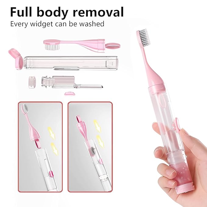 2Pcs Travel Toothbrush Kit Fold Travel Size Built-in Toothpaste Container, Including 2 Cleaner Head Soft Bristles for Camping, School, Business Trip (Blue, Pink)