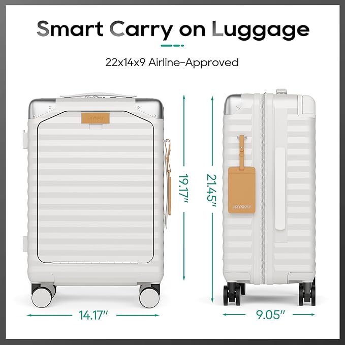 Joyway 20 Inch Carry on Luggage with Front Pocket, PC Hardshell Carry-on Suitcase with USB Port and Cup Holder, 21.5x14.2x9 Airline Approved, Luggage with Spinner Wheels and TSA Lock (White)