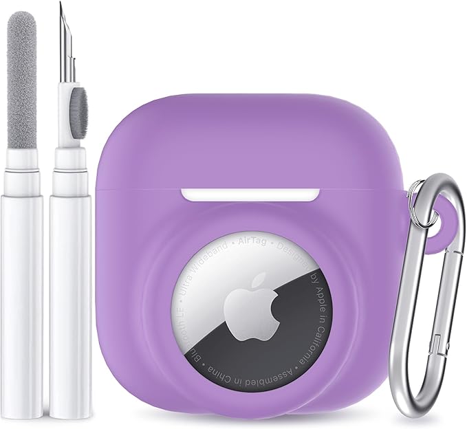 2 in 1 Silicone Case Compatible with AirPod 4 and AirTag, Shockproof Protective Skin Cover for AirPods 4th Generation with Cleaner Kit & Carabiner (Purple)