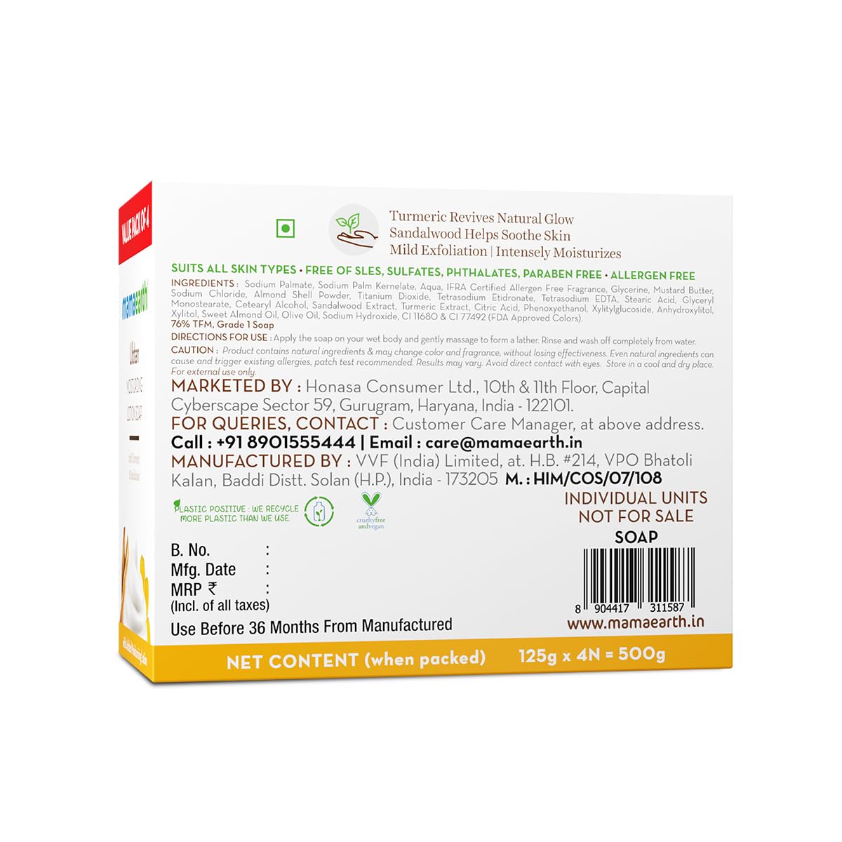 MAMAEARTH Ubtan & Sandalwood Moisturizing Lotion Soap Bar | Removes Tanning & Gently Exfoliates | Traditional De Tan Bath Bar | for Face & Body | 4 Bars (4.41 Oz/125g Each)