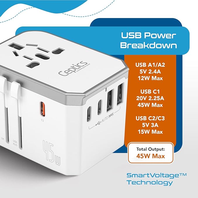 Ceptics 6-in-1 Universal Travel Adapter with 2X USB-A and 3X USB-C, 45W for Global Use, Compatible with US, EU, UK & More, White