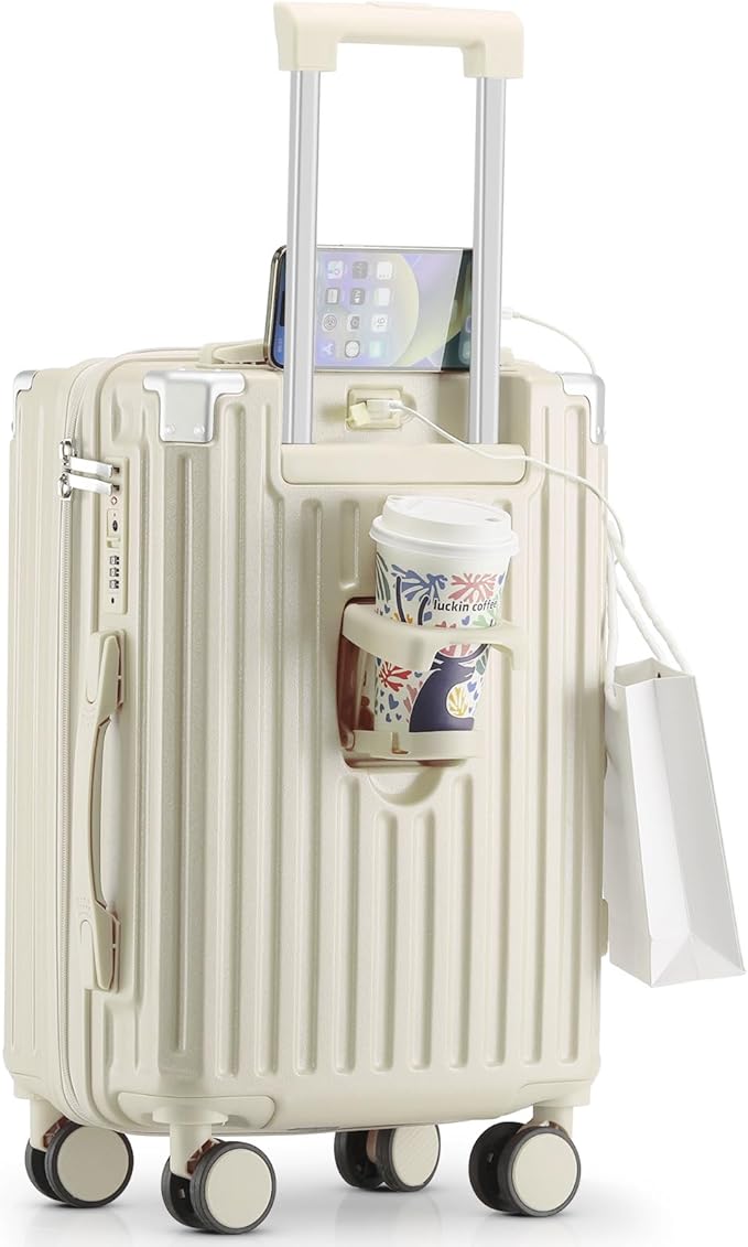 20 Inch Carry On Luggage With Cup Holder & USB Port, Airline Approved TSA-locked Luggage, Lightweight PC Material Travel Suitcase With 360° Spinner Wheel (20in-White, 20in)