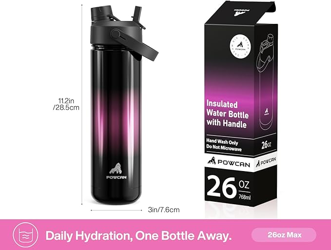 26 oz Insulated Water Bottle with 2-in-1 Straw and Spout Lid, Keep Cold 24H, Leak-Proof, Fits in Car Cup Holder, Stainless Steel Water Bottle for Sports, Trip, Gym, and School (Neon Night)