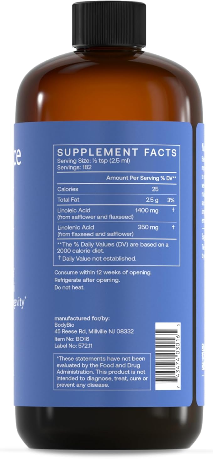 BodyBio Balance Oil - Vegan Omega 3 6 Supplement – Cold-Pressed Safflower & Flaxseed Oil – Supports Brain Function, Healthy Skin, and Mood