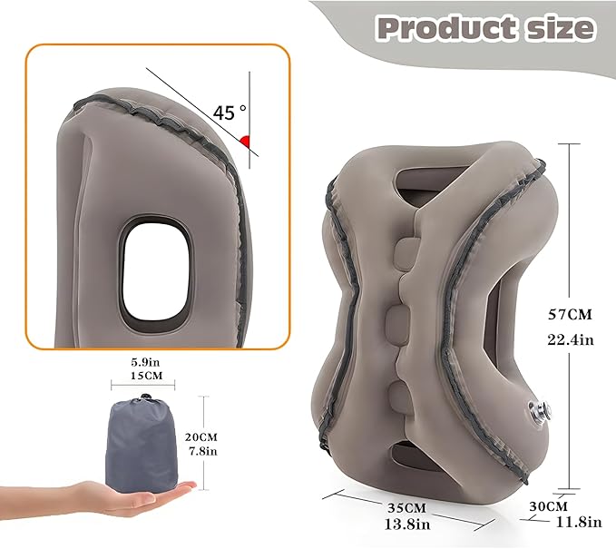Inflatable Travel Pillow | Airplane Neck Pillow & Portable Inflatable Neck Support - Multifunctional for Flights, Cars, Office Use, with Eye Mask & Earplugs (Grey)