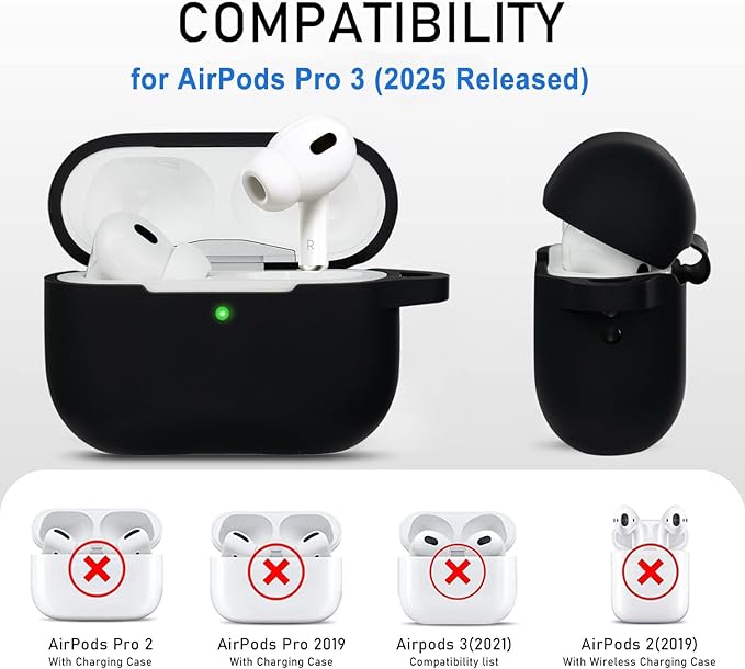 Case for Apple Airpods Pro 3 (2025) - VOTILE Airpods Pro 3 Cases Cover Women Silicone iPods Pro 3 Earbuds Wireless Accessorie Charging Cases Girl Keychain for Airpod iPods Pro 3 Generation - Black