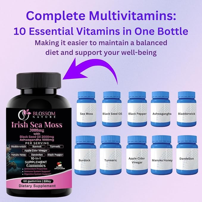 10-in 1 Irish Sea Moss Gummies 3000mg with Black Seed Oil Ashwagandha Bladderwrack Burdock Turmeric Apple Cider Vinegar Manuka Honey Dandelion - for Immune and Digestive System, Made in US