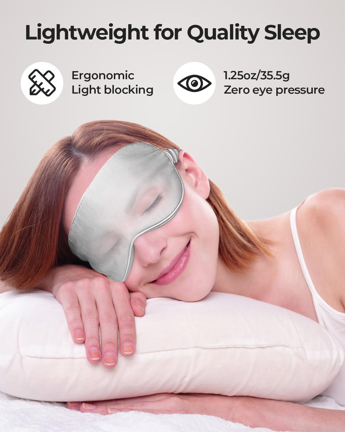 SGMSILK 100% Pure Mulberry Silk Sleep Mask, 3D Contoured Cup Eye Mask for Sleeping, 22 Momme Super Soft Breathable Blindfold, Adjustable Blackout Travel Silk Eye Cover Light Gray