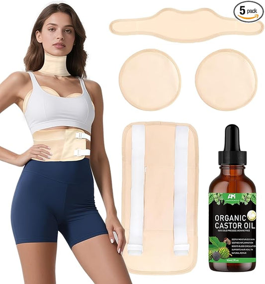 Castor Oil Pack Kit for Women & Beginners – 4 Reusable Wraps + 60ml Organic Oil & Guide | Liver, Belly, Neck, Breast Detox Set | Leakproof & Adjustable MagicSeal Design