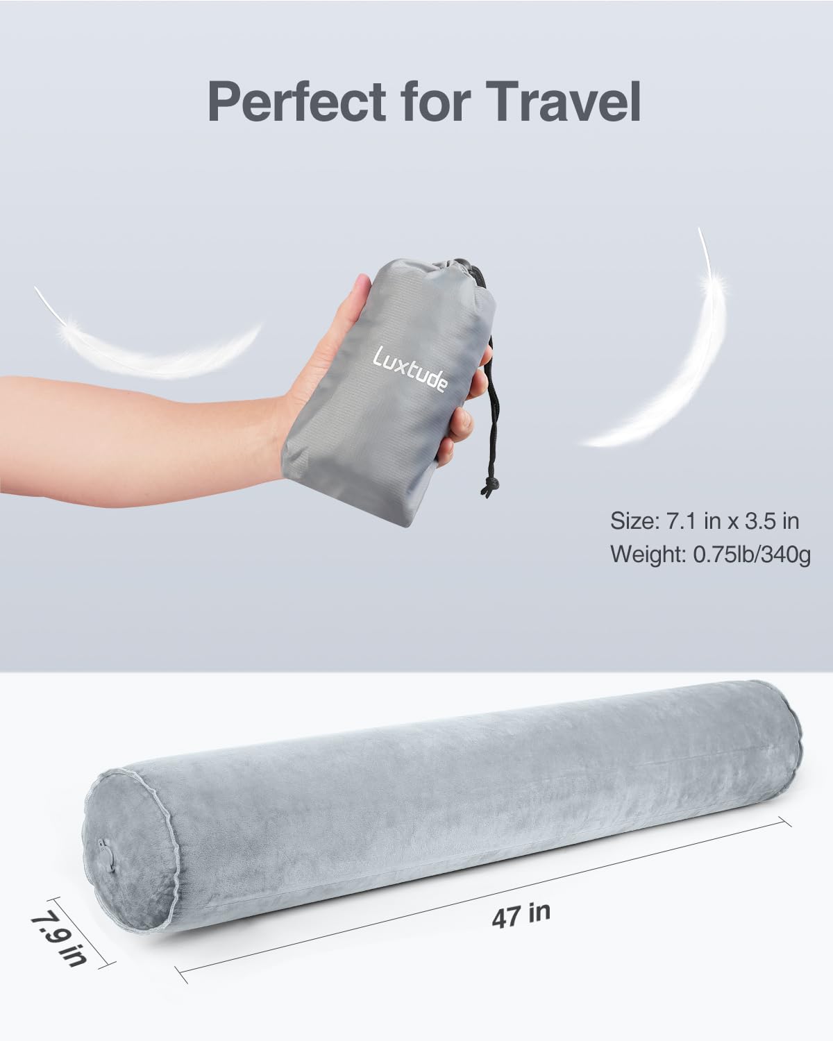Luxtude Inflatable Body Pillow for Adults Kids, Travel Body Pillows for Side Sleeper, 47Inch Long Round Bolster Pillow for Camping, Round Cylinder Pillows for Hugging Sleeping, Back, Leg etc.