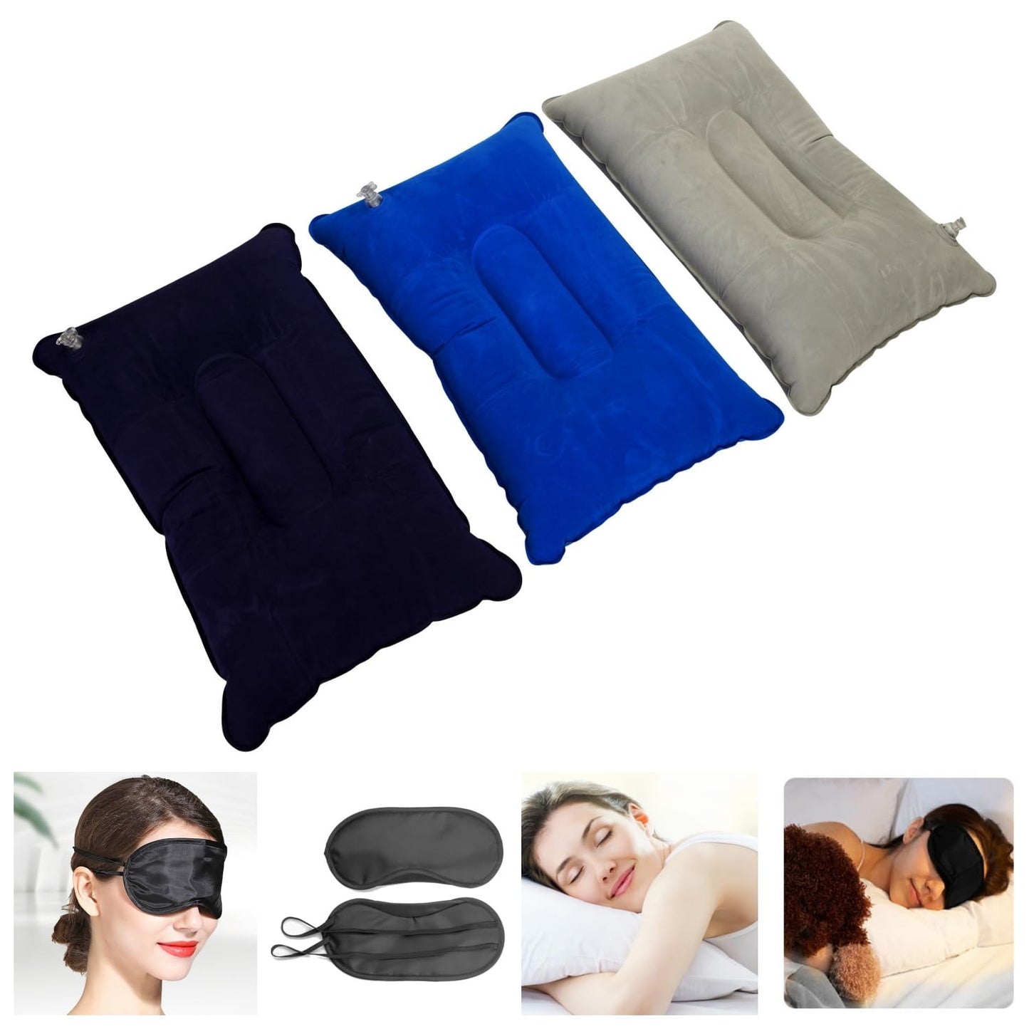 Aircee 3 Pieces Inflatable Travel Pillow for Camping, Home Office Sleeping, Head Neck Lumbar Support, Ultralight Portable Compact and Soft, Airplane Backpacking Trip Pillow