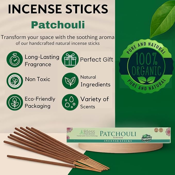 Bless-Patchouli 100%-Natural-Handmade-Hand-Dipped Organic-Chemicals-Charcoal-Free Purification-Relaxation-Positivity-Yoga-Meditation Best-Woods-Scent (500 Sticks (26 OZ))