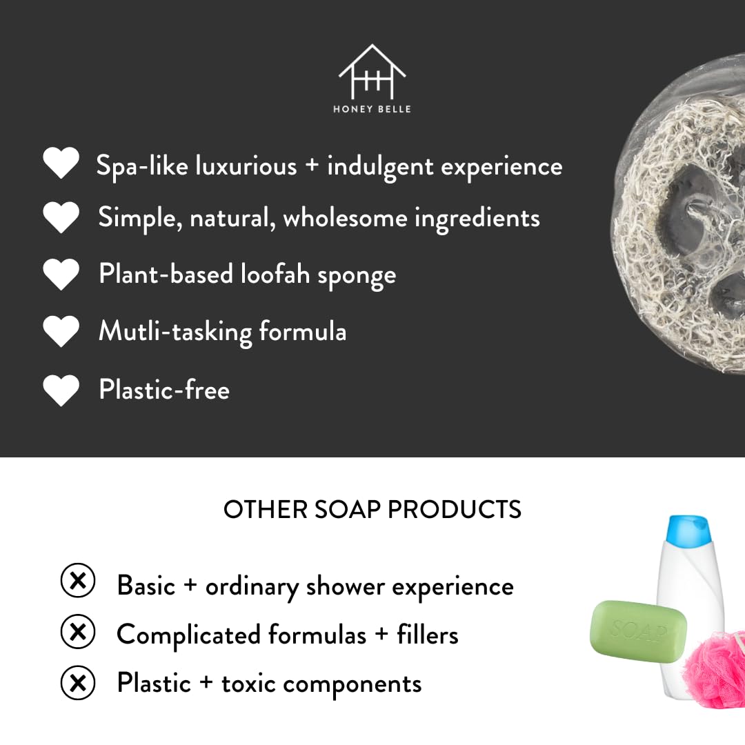 Honey Belle Charcoal Bamboo Exfoliating Loofah Soap 2-Pack - Exfoliating Bar Soap with Loofah Inside - Cleansing, Moisturizing, Nourishing, Scrubby Soap - Plant-Based, Eco-Friendly, Vegan