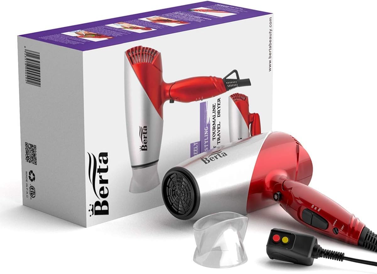 BERTA 1875Watts Folding Handle Hair Dryer Ceramic Negative Ionic Blow Dryer with Nozzle Compact for Children & Traveling