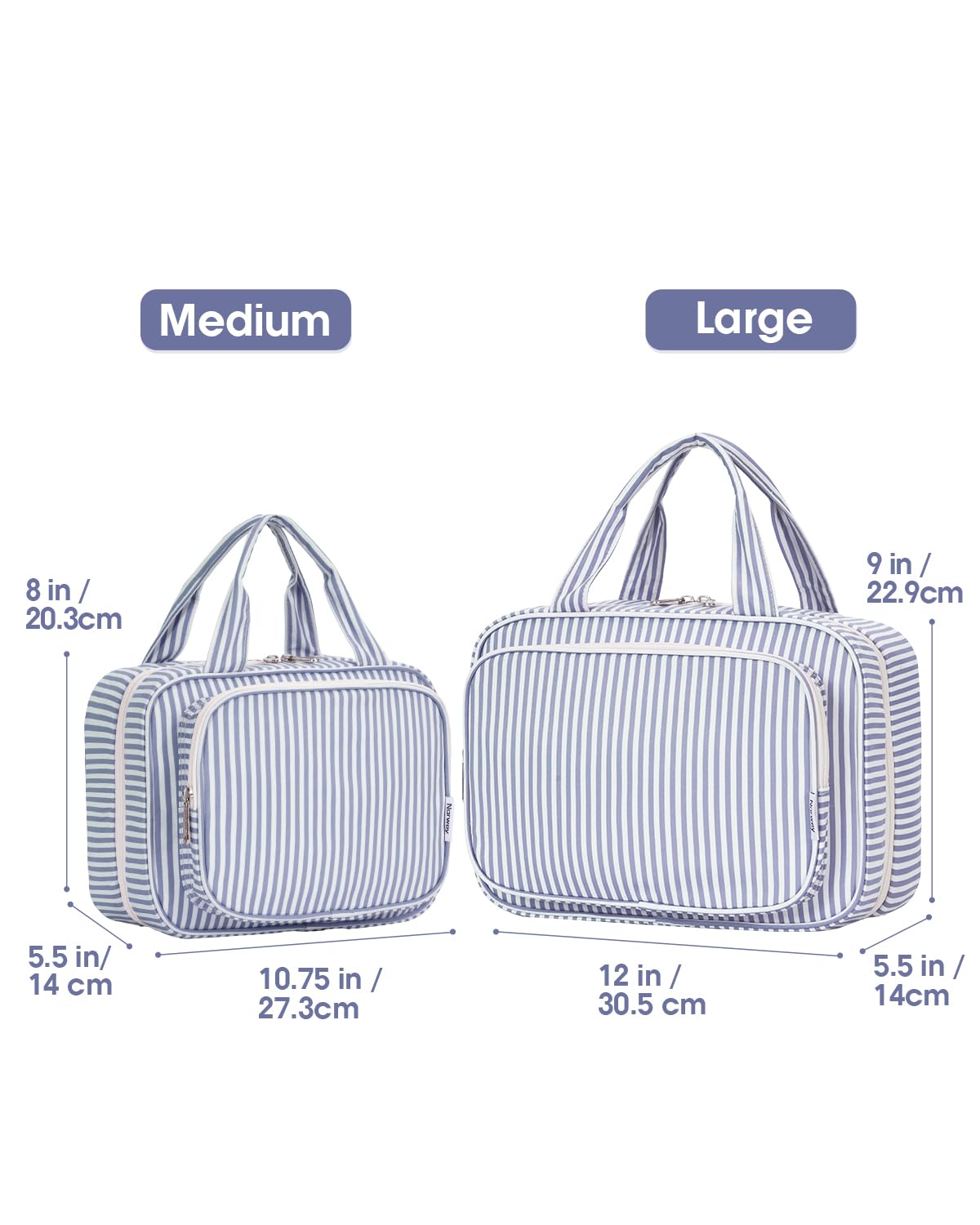 Narwey Striped Travel Toiletry Bag for Women Large Hanging Makeup Bag Organizer Toiletries Bag for Full Size Essentials Accessories Cosmetics (Greyish Blue Stripe (Large))
