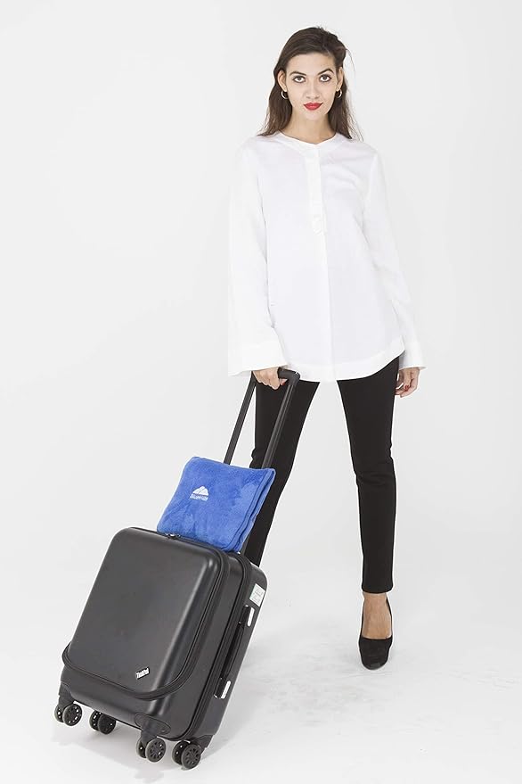 BlueHills Premium Soft Travel Blanket Pillow Airplane Blanket Packed in Soft Bag Pillowcase with Hand Luggage Belt and Backpack Clip, Compact Pack Large Plush for Any Travel (Royal Blue T003)