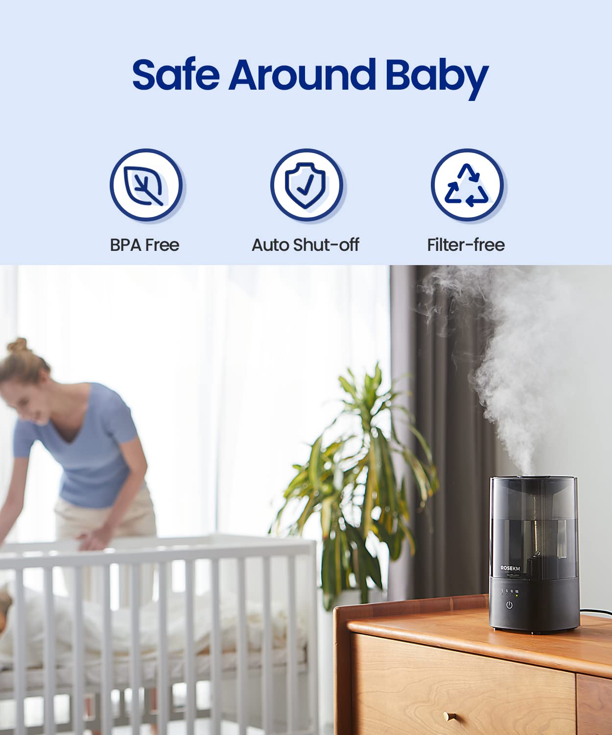 ROSEKM Humidifiers for Bedroom (1.1L), Small Cool Mist Humidifier for Home Plant and Baby Nursery, Quiet Ultrasonic Humidifier with 360° Nozzle, Auto Shut-Off, Filterless, Black
