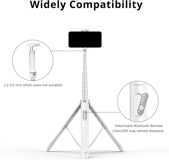 ATUMTEK 51" Selfie Stick Tripod, All in One Extendable Phone Tripod Stand with Bluetooth Remote 360° Rotation for iPhone and Android Phone Selfies, Video Recording, Vlogging, Live Streaming, White